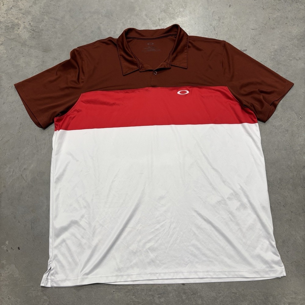 Oakley Polo Shirt Mens Sz 2XL Red White Regular Fit Striped Short Sleeve Golf